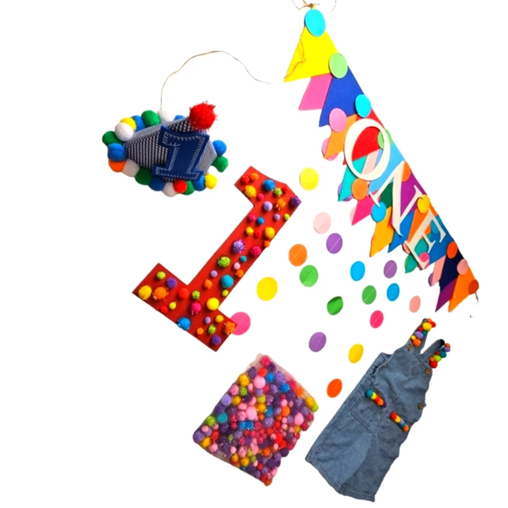 1st Birthday Set Pom Pom Overalls,Gingham Hat,Red Wooden 1 ,HighChair+Gift Table
